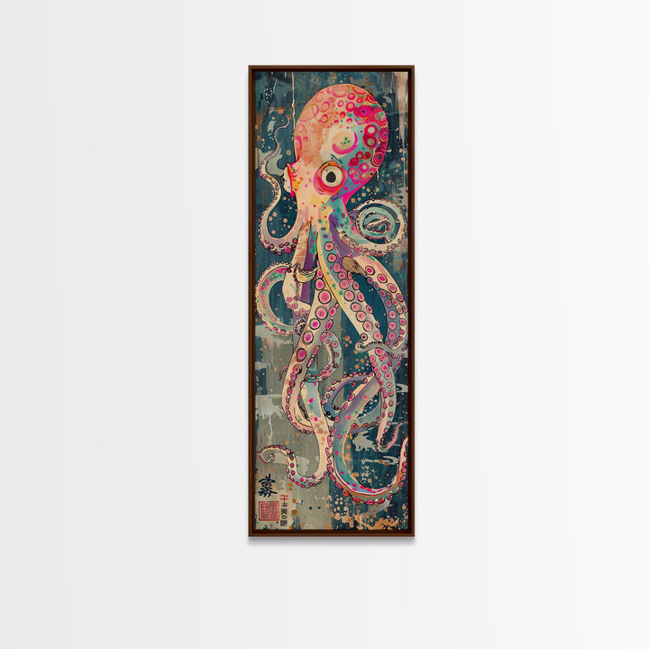 Vibrant Octopus Art in Bold Colors on Tall Vertical Canvas Print Featuring Japanese-Inspired Marine Life Design