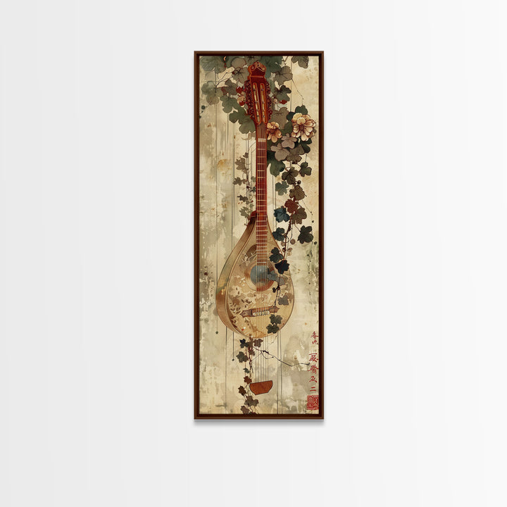 Vintage Mandolin, Autumn Foliage, Japanese Art, Skinny Art, Tall Art, Framed Canvas Print, Ukiyo-e Style