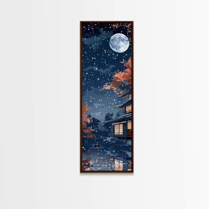 Starry Night, Traditional Japanese Home, Japanese Art, Skinny Art, Tall Art, Framed Canvas Print, Ukiyo-e Style