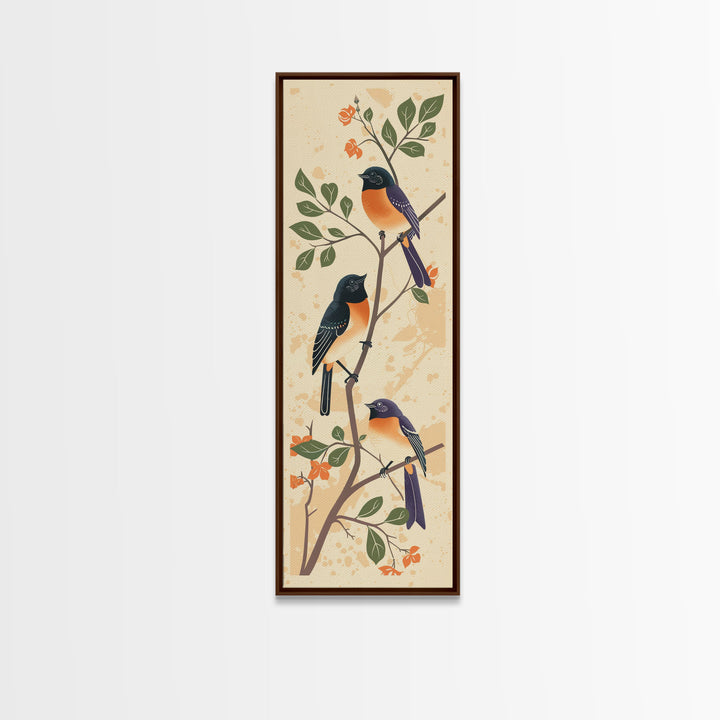 Three Birds Perched On A Branch Japanese Style Framed Canvas Print, Traditional Illustration Art Ready To Hang For Home Decor