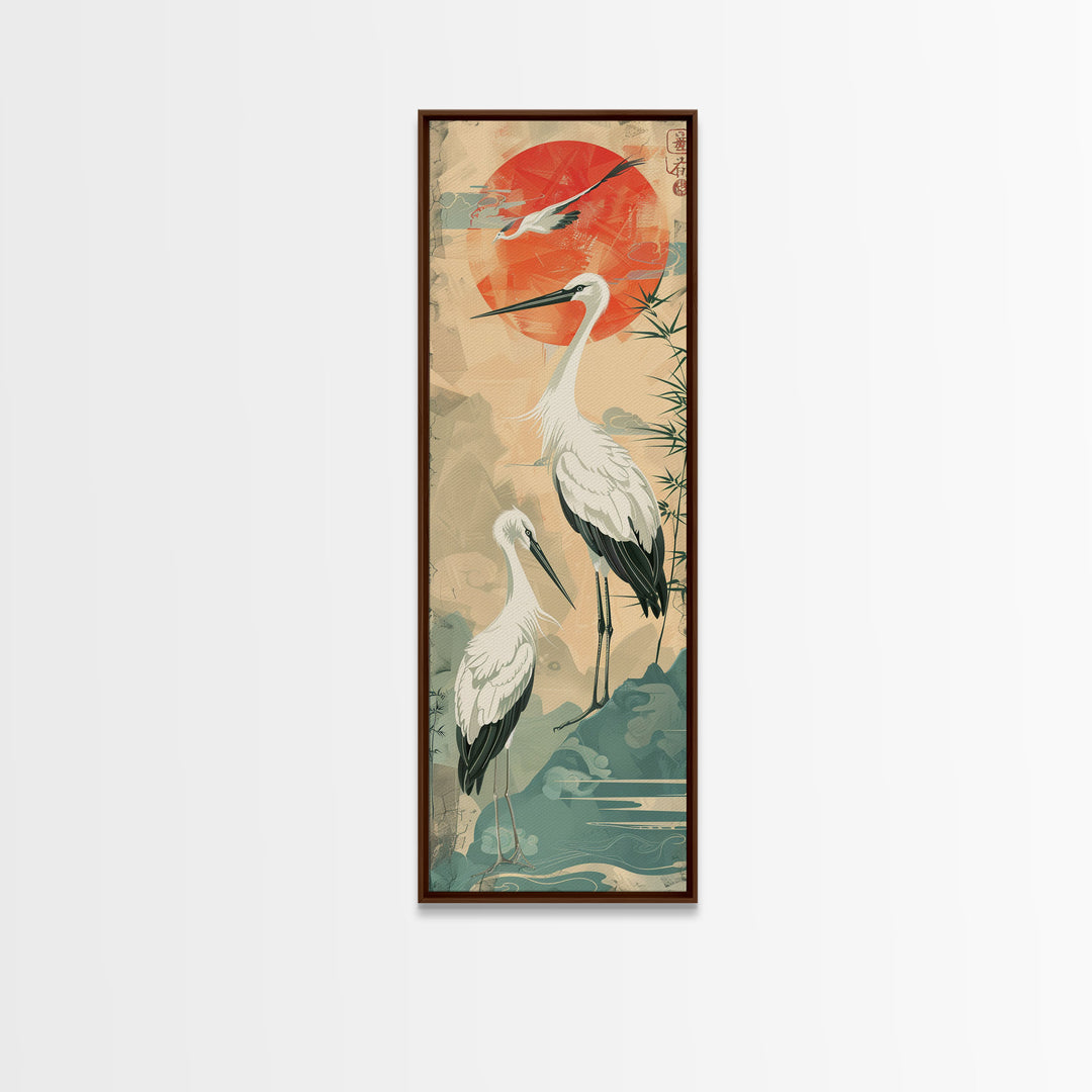 Tall Japanese Cranes Under a Vibrant Red Sun Ukiyo-e Art Skinny Framed Canvas Print Traditional Japanese Nature Scene