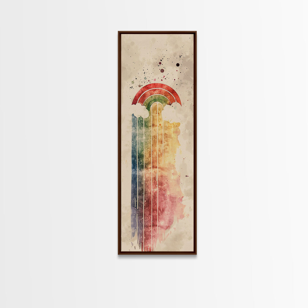 Vintage-Inspired Rainbow Waterfall Ukiyo-e Art Skinny Framed Canvas Print in Neutral Tones