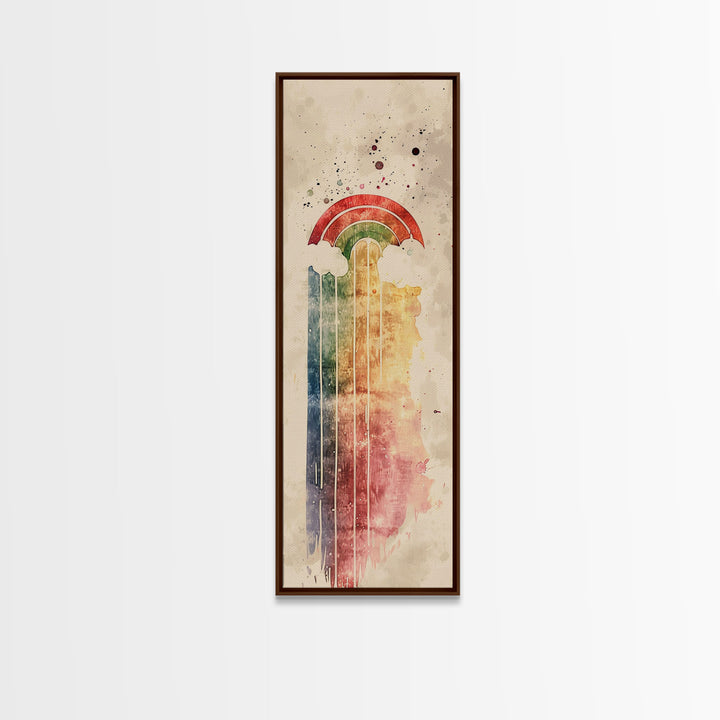 Vintage-Inspired Rainbow Waterfall Ukiyo-e Art Skinny Framed Canvas Print in Neutral Tones