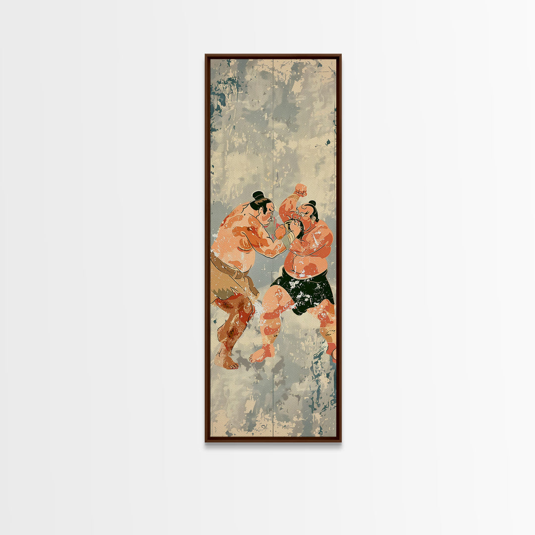 Sumo Wrestlers in Action Skinny Ukiyo-e Art Tall Framed Canvas Print with Japanese Cultural Heritage