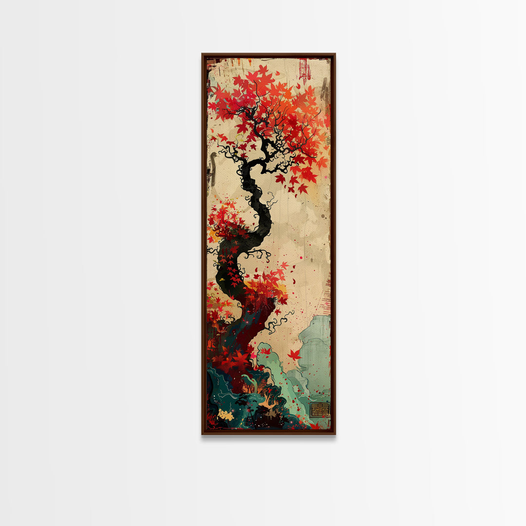 Twisted Tree with Red Maple Leaves Skinny Art Ukiyo-e Japanese Framed Canvas Print in Autumn Colors