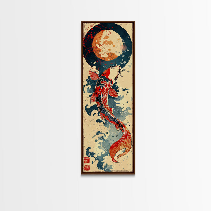 Vibrant Koi Fish Swimming Toward the Moon Skinny Art Ukiyo-e Tall Framed Canvas Print with Japanese Mythology Elements