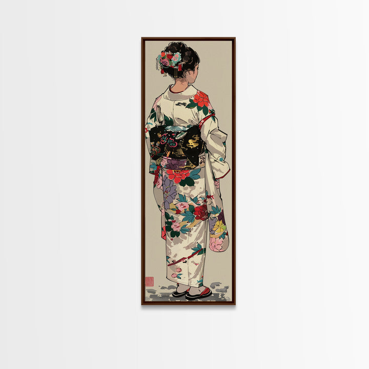 Skinny Art Traditional Kimono In Japanese Style Wood Block Print Intricate Floral Pattern On Framed Canvas Print, Tall Art Ukiyo-e