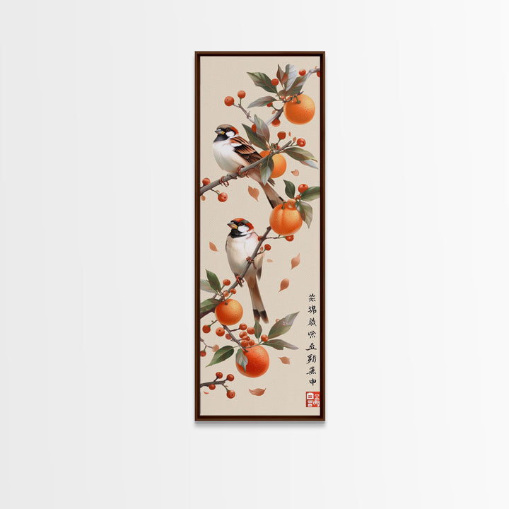 Skinny Art Tall Art Framed Canvas Print Wood Block Print Of Elegant Bird Perched On Branch Amidst Orange Fruits Ukiyo-e Japanese Style Art