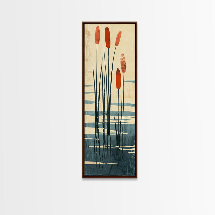 Skinny Art Tall Art Framed Canvas Print Minimalist Cattail Plants With Abstract Lines And Earthy Tones Ukiyo-e Japanese Style Art