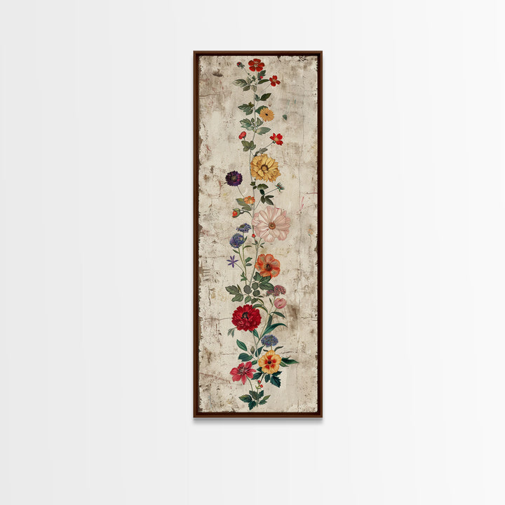 Skinny Art Tall Art Framed Canvas Print Vintage Style Floral Art With Mixed Blossoms On A Rustic Background Ukiyo-e Japanese Style Art