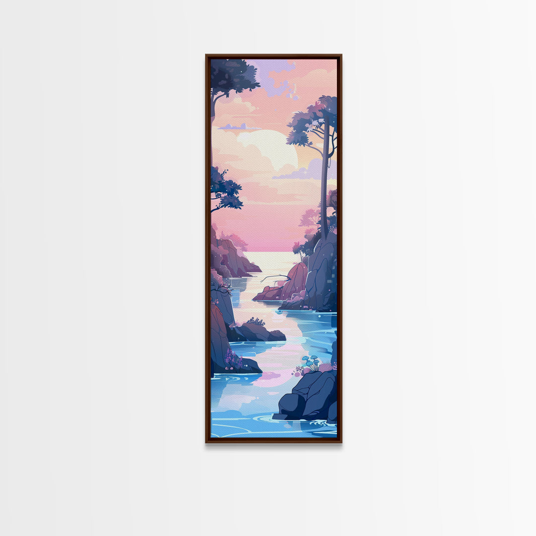 Skinny Art Tall Art Framed Canvas Print Serene Coastal Landscape At Dusk With Soft Pastel Colors Ukiyo-e Japanese Style Art