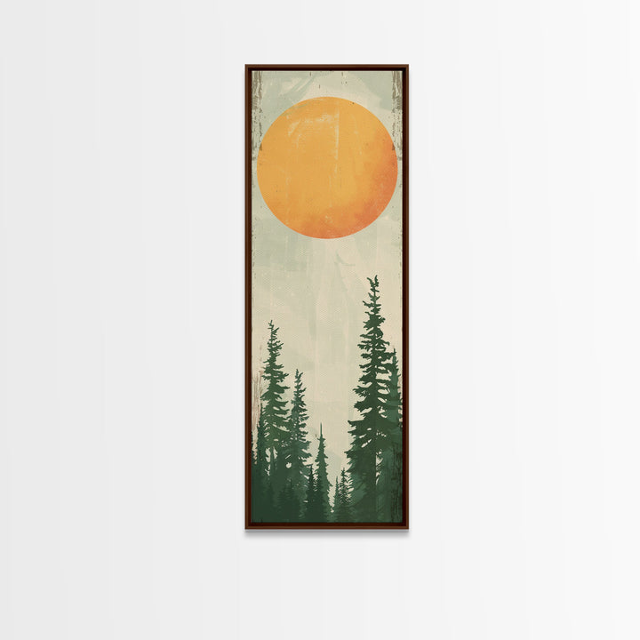 Abstract Sun Over Forest Silhouette Earth Tones Skinny Art Tall Art Framed Canvas Print Japanese Style Art Ukiyo-e Art Wood Block Print Minimalist