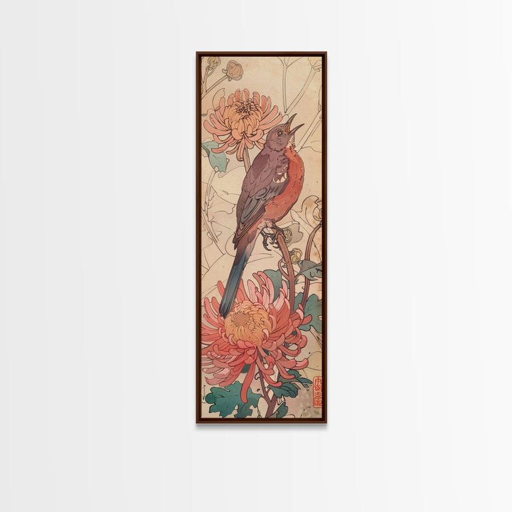 Singing Bird Amid Chrysanthemums Soft Pastels Skinny Art Tall Art Framed Canvas Print Japanese Style Art Ukiyo-e Art Wood Block Print Floral