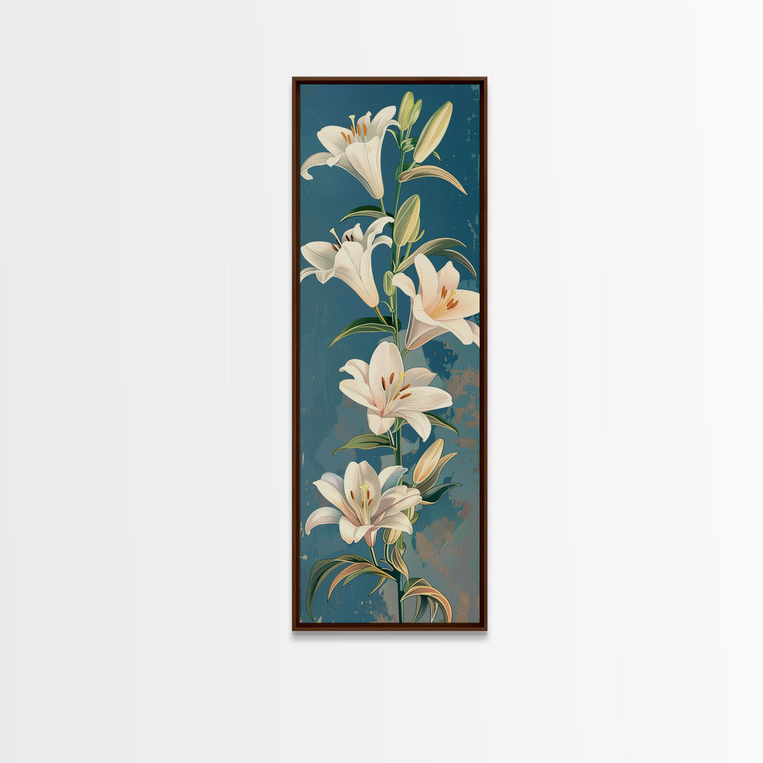 White Lilies On Green Stems Against Faded Blue Background Tall Art Skinny Art Framed Canvas Print Japanese Style Art Ukiyo-e Wood Block Print