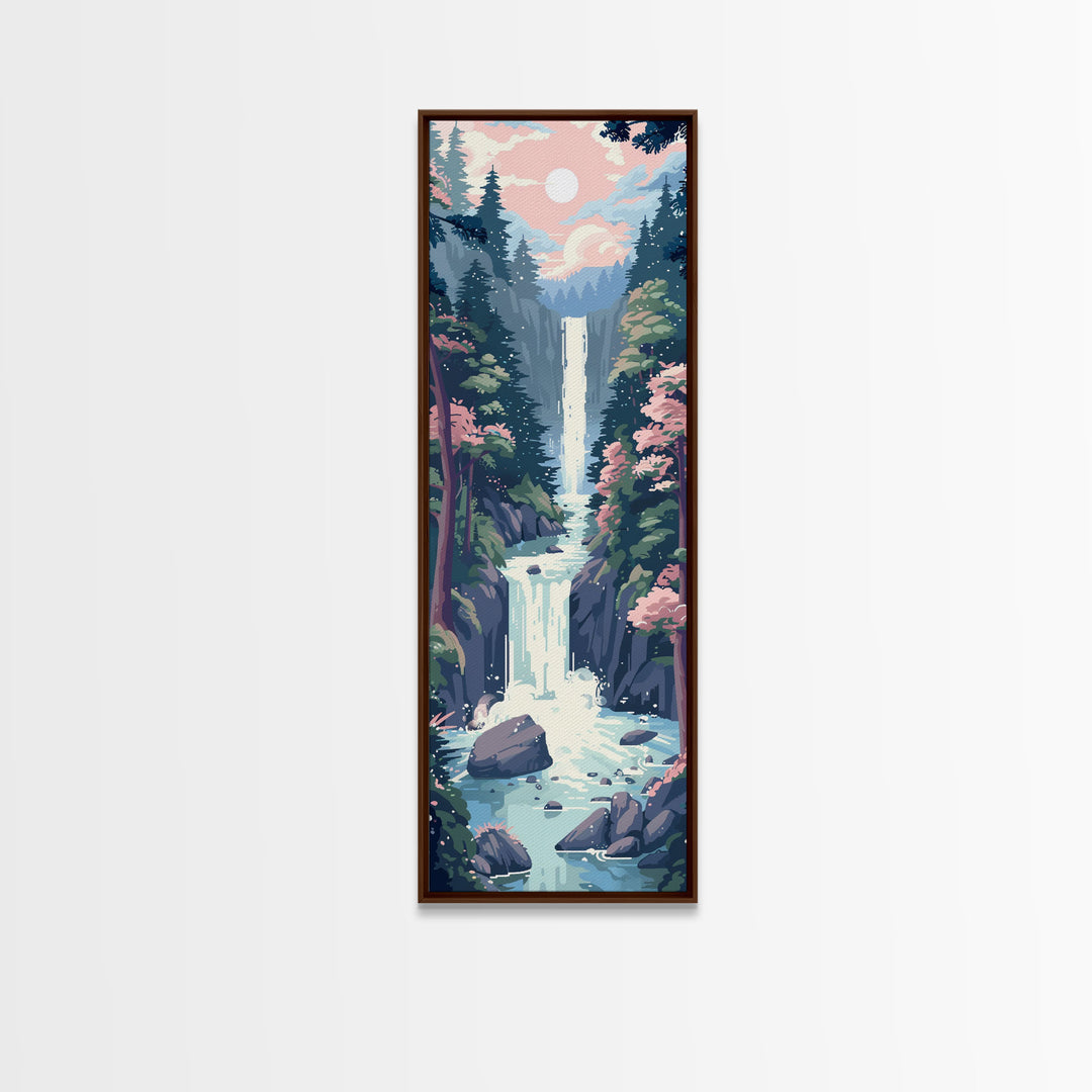 Waterfall Through Rocky Cliff Surrounded By Pine Trees Tall Art Skinny Art Framed Canvas Print Japanese Style Art Ukiyo-e Wood Block Print