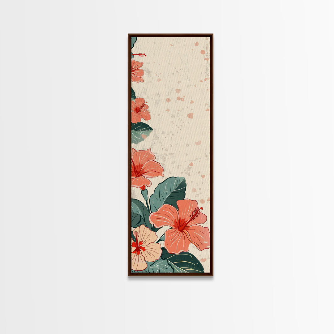 Soft Hibiscus Flowers In Delicate Shades Skinny Art Tall Art Framed Canvas Print Japanese Style Art Ukiyo-e Art Wood Block Print Floral Decorative