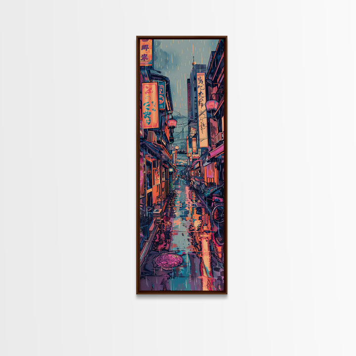 Vibrant Cityscape With Colorful Street Signs Skinny Art Tall Art Framed Canvas Print Japanese Style Art Ukiyo-e Art Wood Block Print Urban Energetic