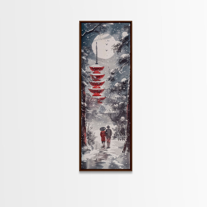 Snowy Pathway Leading To Red Pagoda Skinny Art Tall Art Framed Canvas Print Japanese Style Art Ukiyo-e Art Wood Block Print Seasonal Tranquil