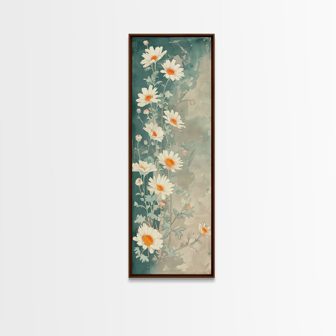 White Daisies With Orange Centers On A Soft Blue-Green Background, Skinny Art Tall Wall Art Framed Canvas Print Japanese Style Art