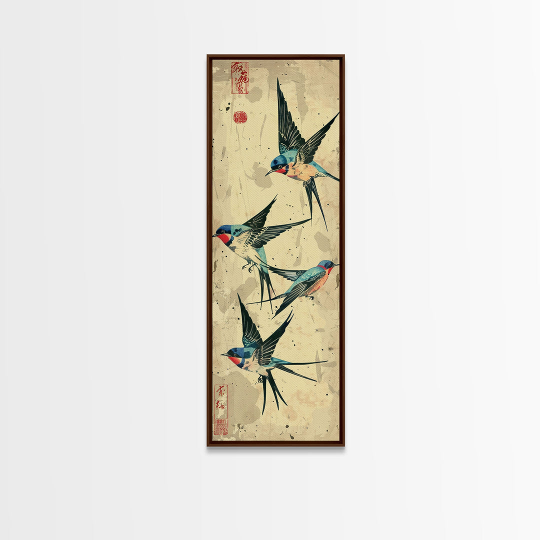 Trio Of Swallows In Flight Against A Vintage Beige Background, Skinny Art Tall Wall Art Framed Canvas Print Japanese Style Art