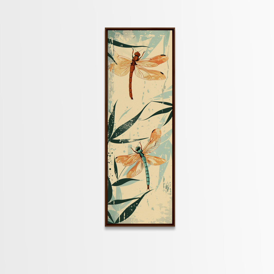 Two Dragonflies With Detailed Wings Hovering Near Bamboo, Skinny Art Tall Wall Art Framed Canvas Print Japanese Style Art