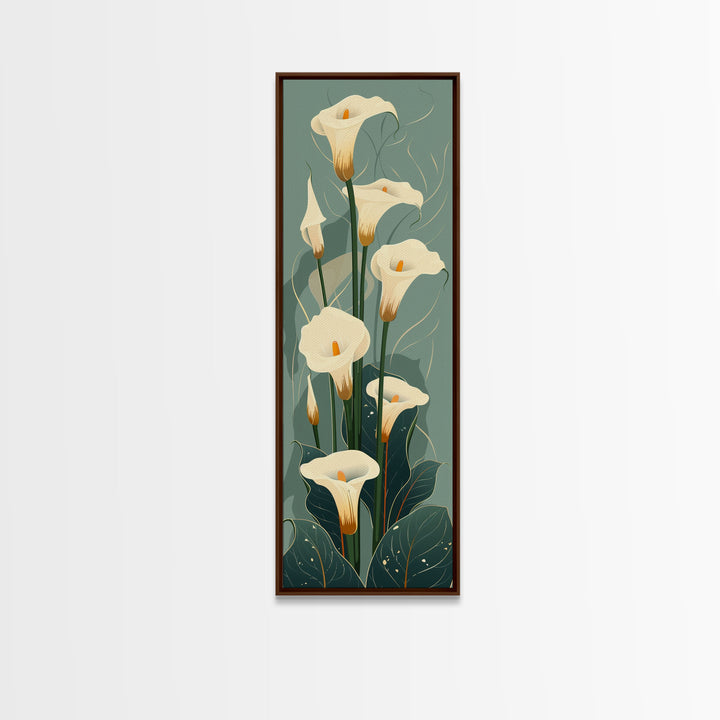 White Calla Lilies on Green Background, Tall Framed Canvas Print in Japanese Ukiyo-e Style Wall Art