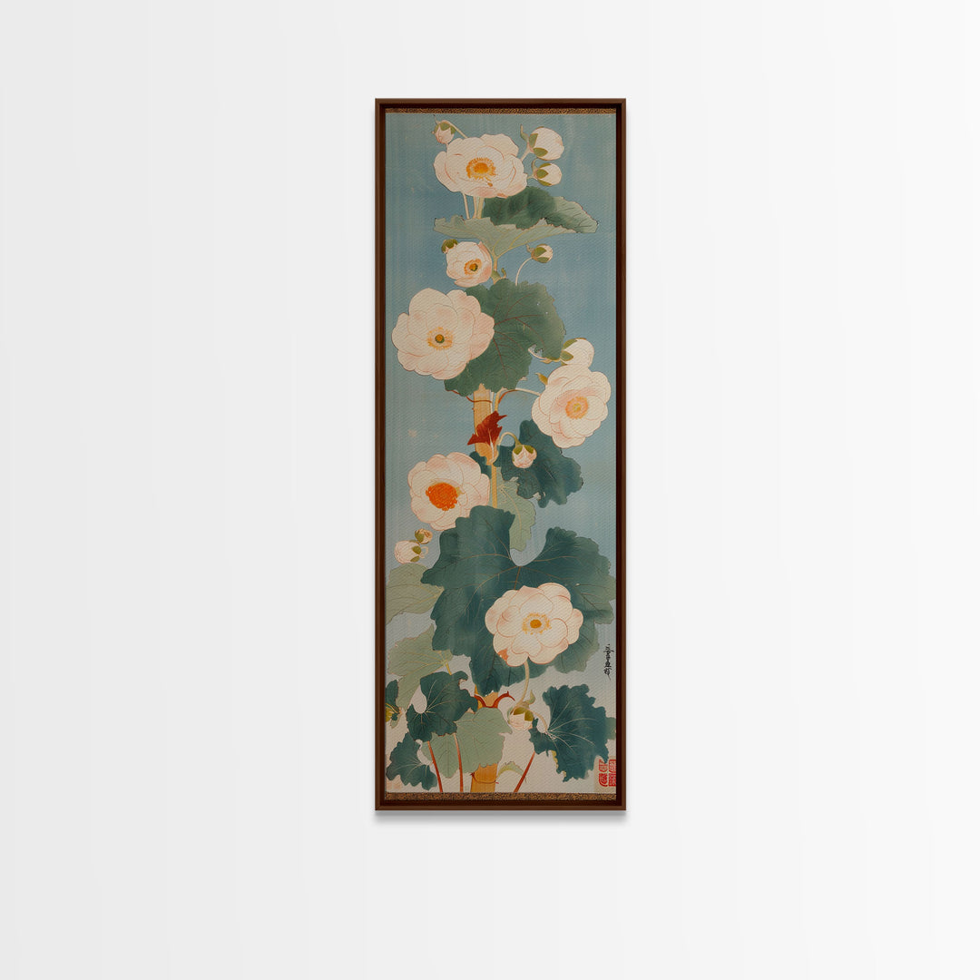 Tall White Blooms with Large Leaves on Blue Background, Framed Canvas Print in Japanese Art Style