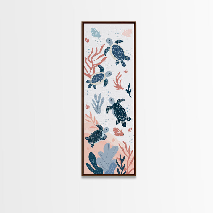 Swimming Sea Turtles with Coral, Tall Framed Canvas Print in Japanese Ukiyo-e Style Wall Art