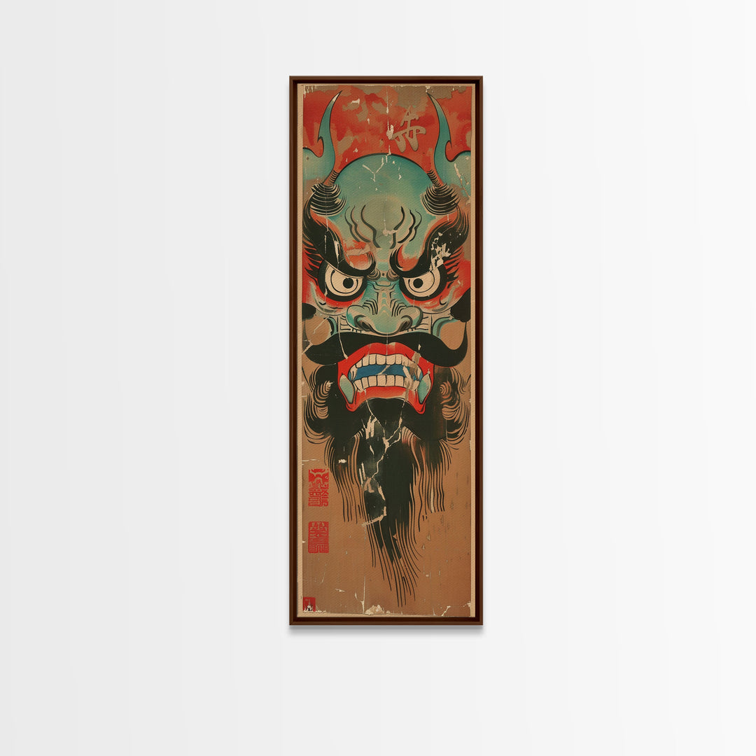 Traditional Japanese Demon Mask Art In Ukiyo-e Style Framed Canvas Print Tall Skinny Cultural Wood Block Wall Decor