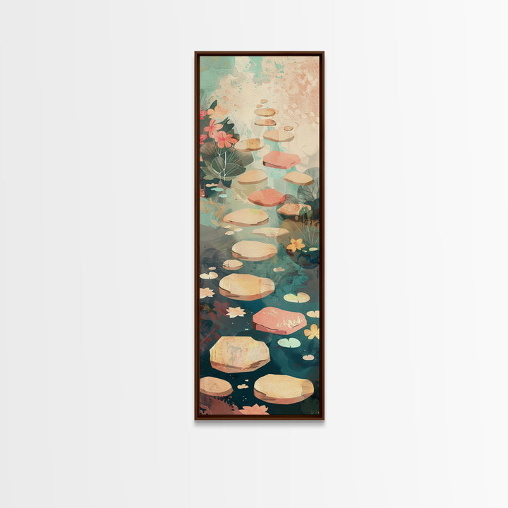 Stepping Stones In Japanese Garden Tranquil Path Art On Framed Canvas Print In Ukiyo-e Style Tall Skinny Wood Block Wall Decor