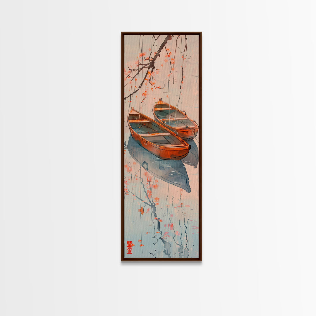 Two Wooden Boats Water Cherry Blossoms Reflected Japanese Style Tall Wall Art Skinny Framed Canvas Print