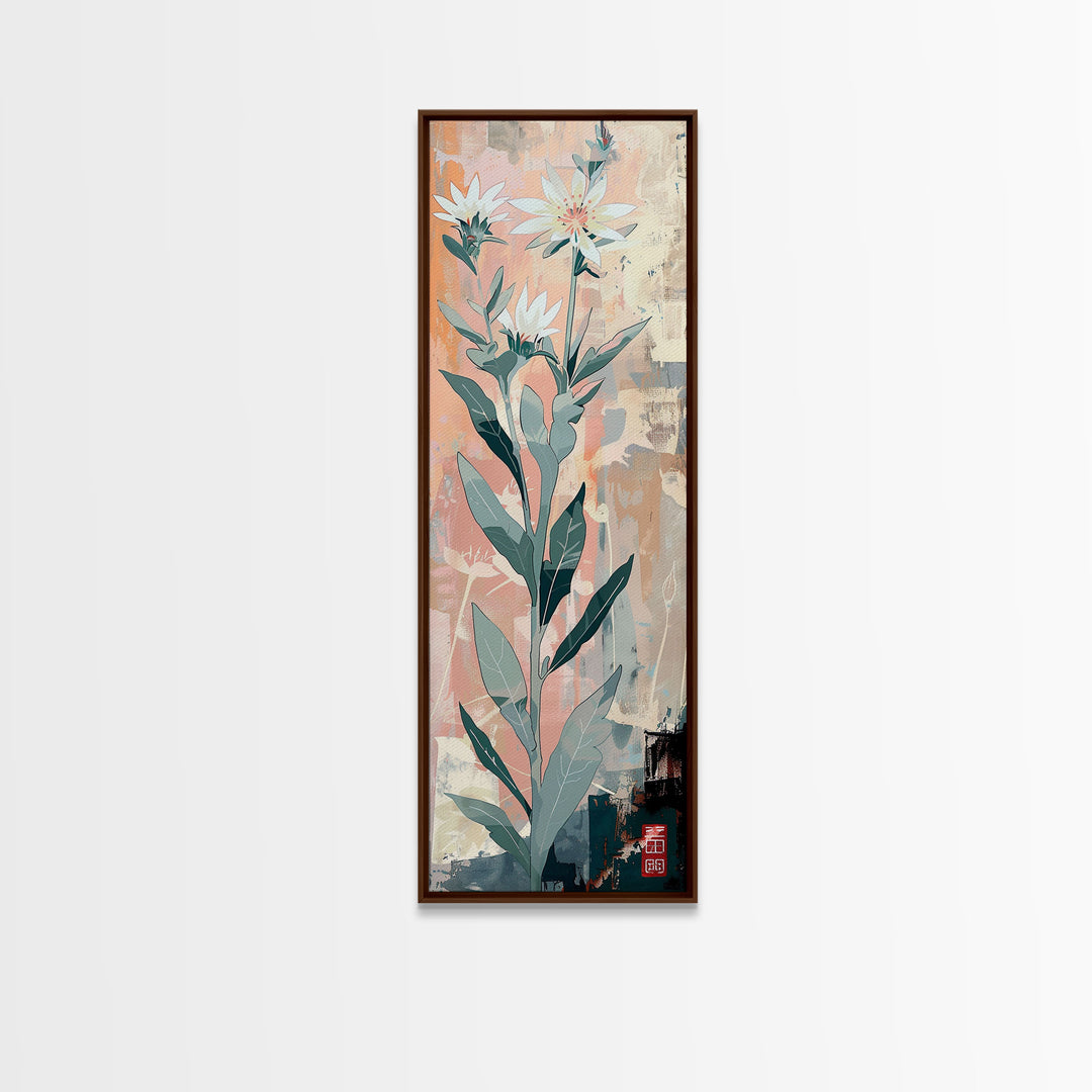 Tall Stemmed Wildflowers Abstract Background Japanese Style Tall Skinny Framed Canvas Print Wall Art