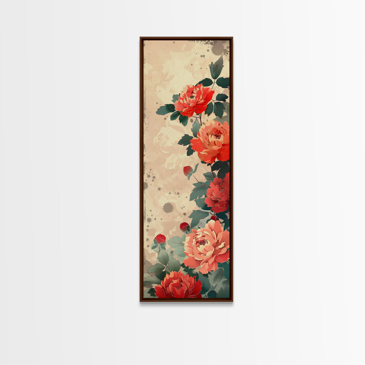 Vibrant Peonies Blooming Against A Soft Beige Background Traditional Japanese Aesthetic Tall Framed Canvas Print Floral Decor