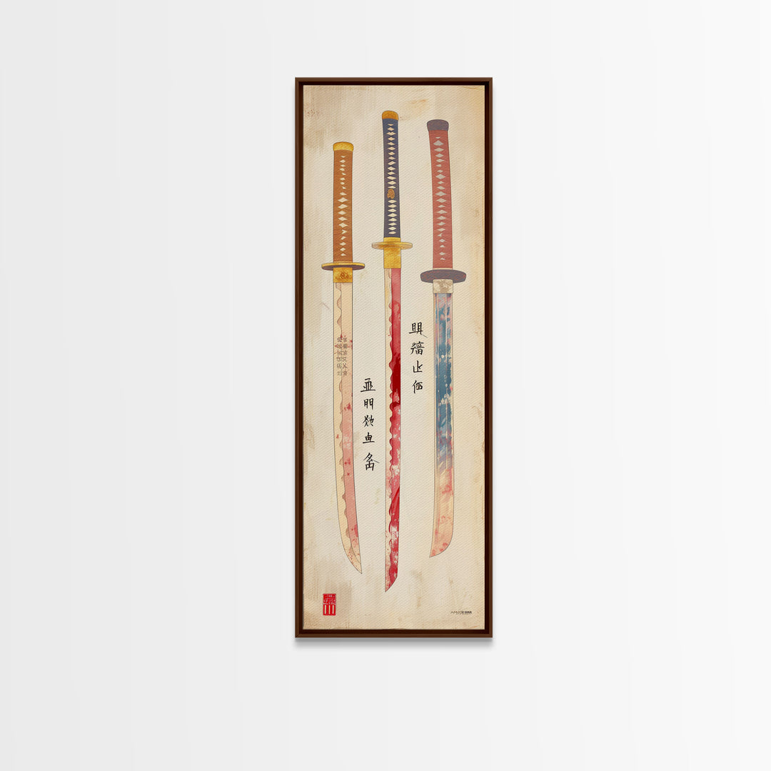 Three Ornate Samurai Swords Displayed Traditional Japanese Style On A Vintage Background Tall Framed Canvas Print Historical Decor