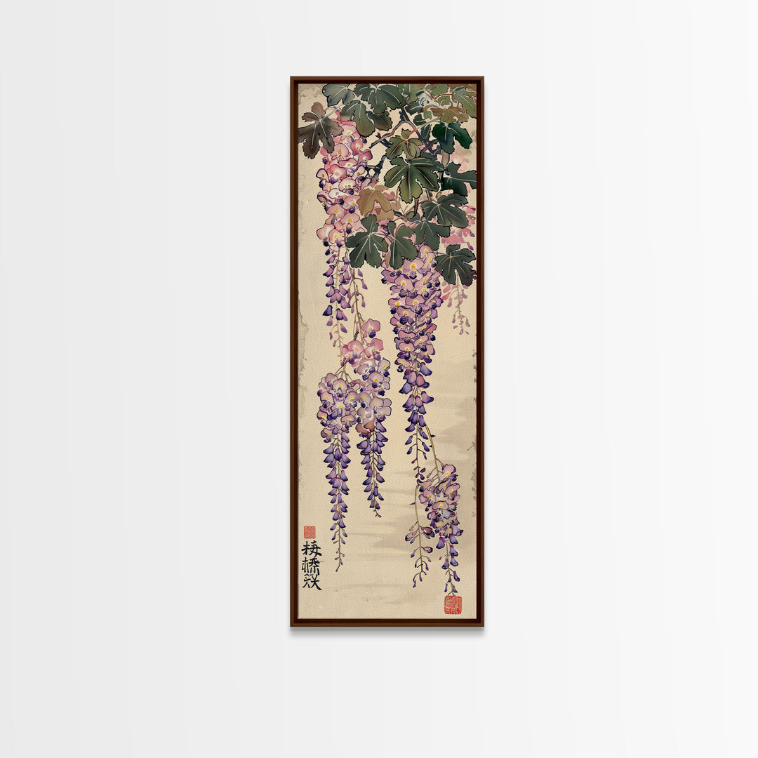 Wisteria Flowers Dangling Gracefully on a Textured Canvas Ukiyo-e Art Japanese Framed Canvas Print Skinny Tall Art