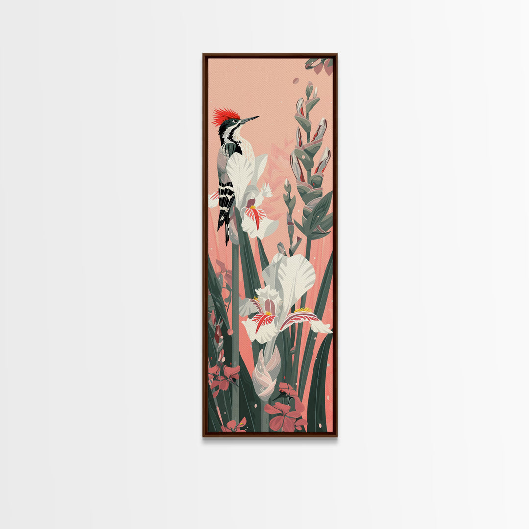 Woodpecker Perched on Stalks of Flowers against a Soft Pink Background Ukiyo-e Art Japanese Framed Canvas Print Skinny Tall Art