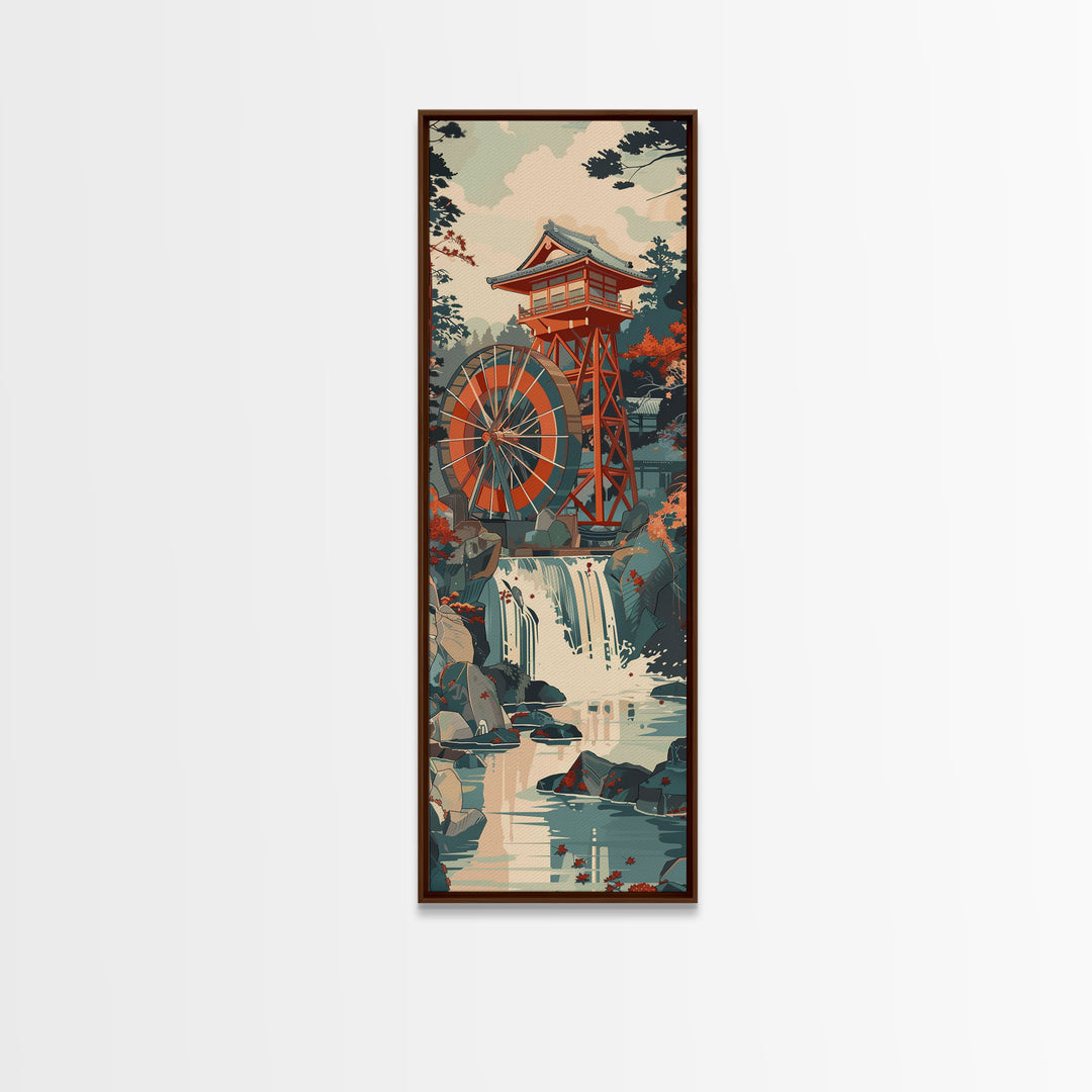 Traditional Japanese Watermill Skinny Wall Art Framed Canvas Print Overlooking Cascading Waterfall in Autumn Colors Japanese Art