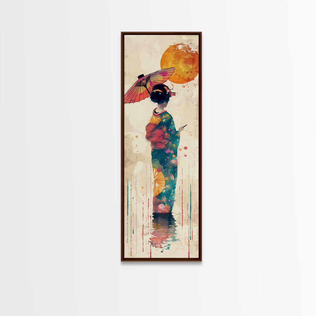 Ukiyo-e Art, Skinny Art, Tall Art, Japanese Style Art, Geisha With Umbrella Wood Block Print Framed Canvas Print