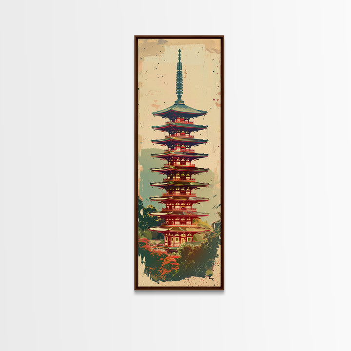 Tall Art, Skinny Art, Japanese Style Art, Pagoda Tower Wood Block Print Framed Canvas Print Ukiyo-e Art