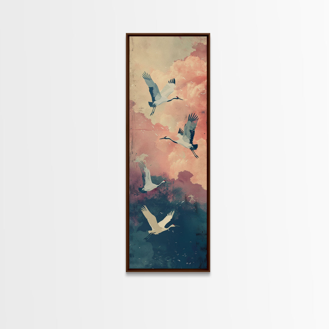 Ukiyo-e Art, Tall Art, Skinny Art, Japanese Style Art, Cranes In Flight Wood Block Print Framed Canvas Print