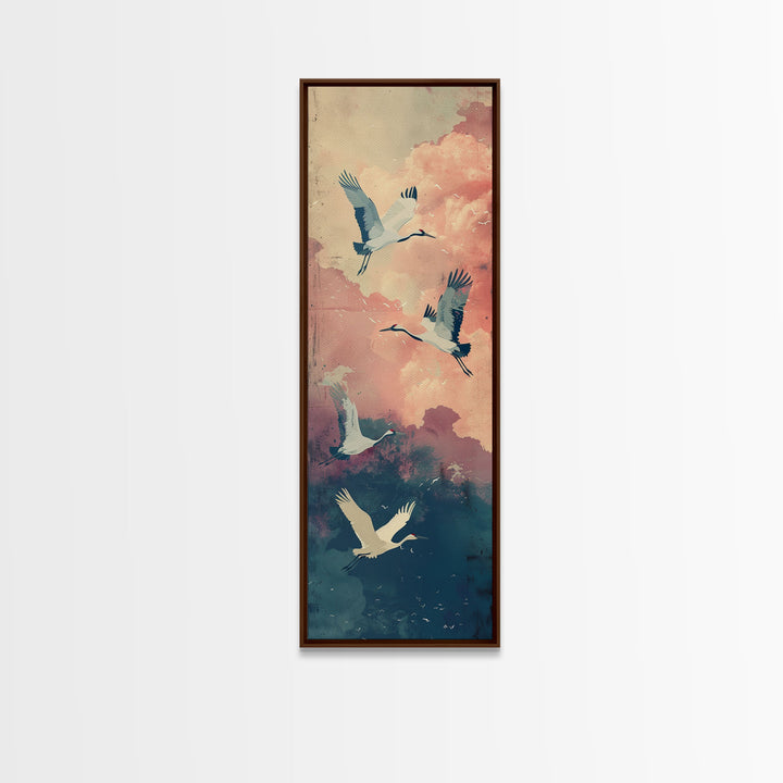 Ukiyo-e Art, Tall Art, Skinny Art, Japanese Style Art, Cranes In Flight Wood Block Print Framed Canvas Print