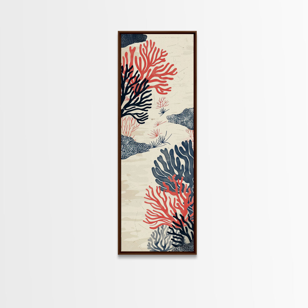 Skinny Art, Tall Art, Japanese Style Art, Coral Reef Wood Block Print Framed Canvas Print Ukiyo-e Art