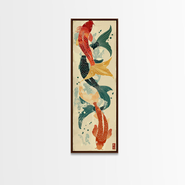 Ukiyo-e Art Of Two Koi Fish Intertwined In A Harmonious Composition, Skinny Art, Tall Art, Japanese Style Art, Wood Block Print, Framed Canvas Print