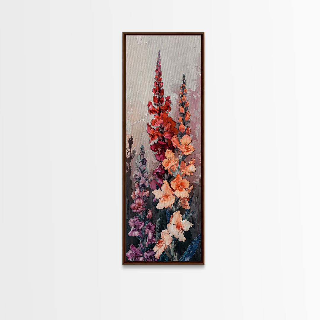 Wood Block Print Featuring Vibrant Gladiolus Flowers In A Dynamic Arrangement, Skinny Art, Tall Art, Japanese Style Art, Ukiyo-e Art, Framed Canvas Print