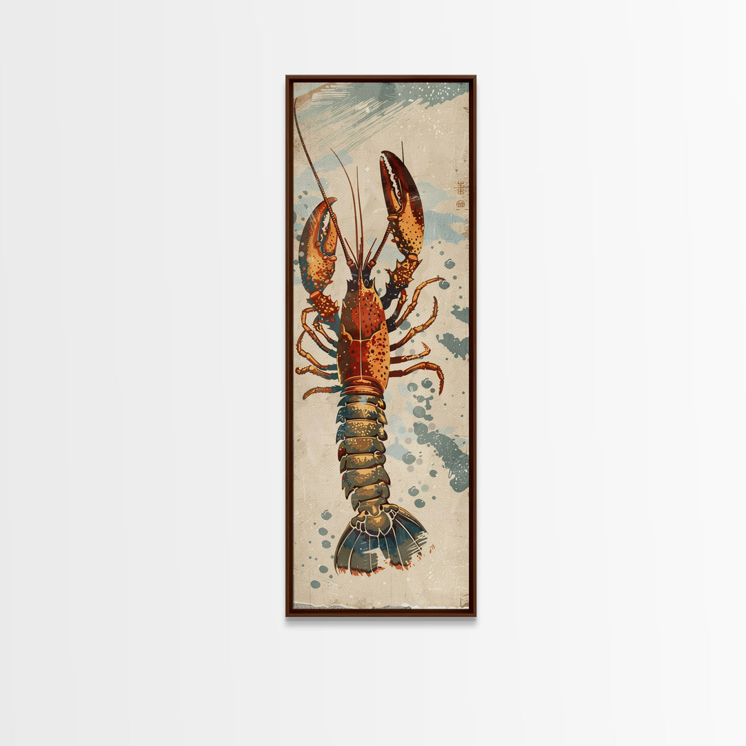 Ukiyo-e Art Of A Boldly Colored Lobster With Intricate Details, Skinny Art, Tall Art, Japanese Style Art, Framed Canvas Print, Wood Block Print