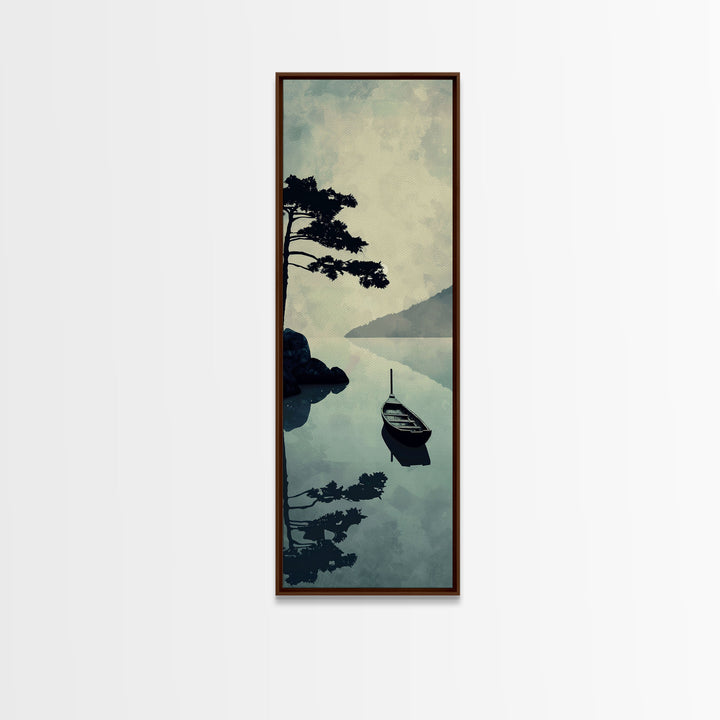 Skinny Art Tall Art Serene Lake Scene With Boat Wood Block Print Japanese Style Art Framed Canvas Print Calm Reflections On Still Water