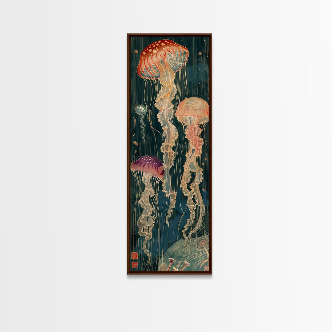 Skinny Art Tall Art Jellyfish Wood Block Print Japanese Style Art Captivating Underwater Scene Framed Canvas Print