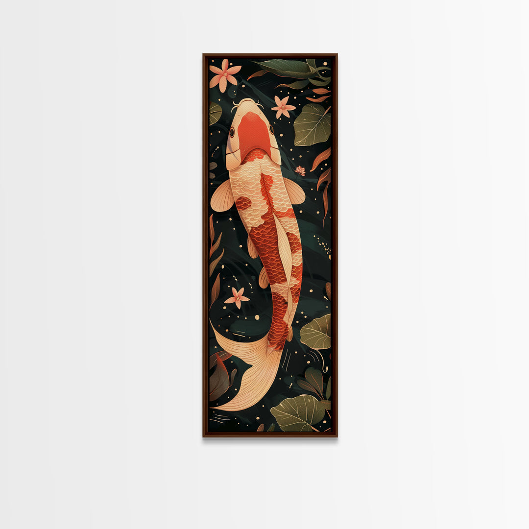 Skinny Art Tall Art Koi Fish Wood Block Print Japanese Style Art Swimming Among Lotus Flowers Framed Canvas Print