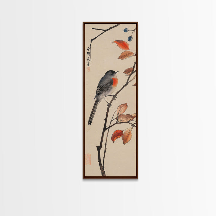 Songbird Perched On Branch With Autumn Leaves Skinny Art Wood Block Print Framed Canvas Print