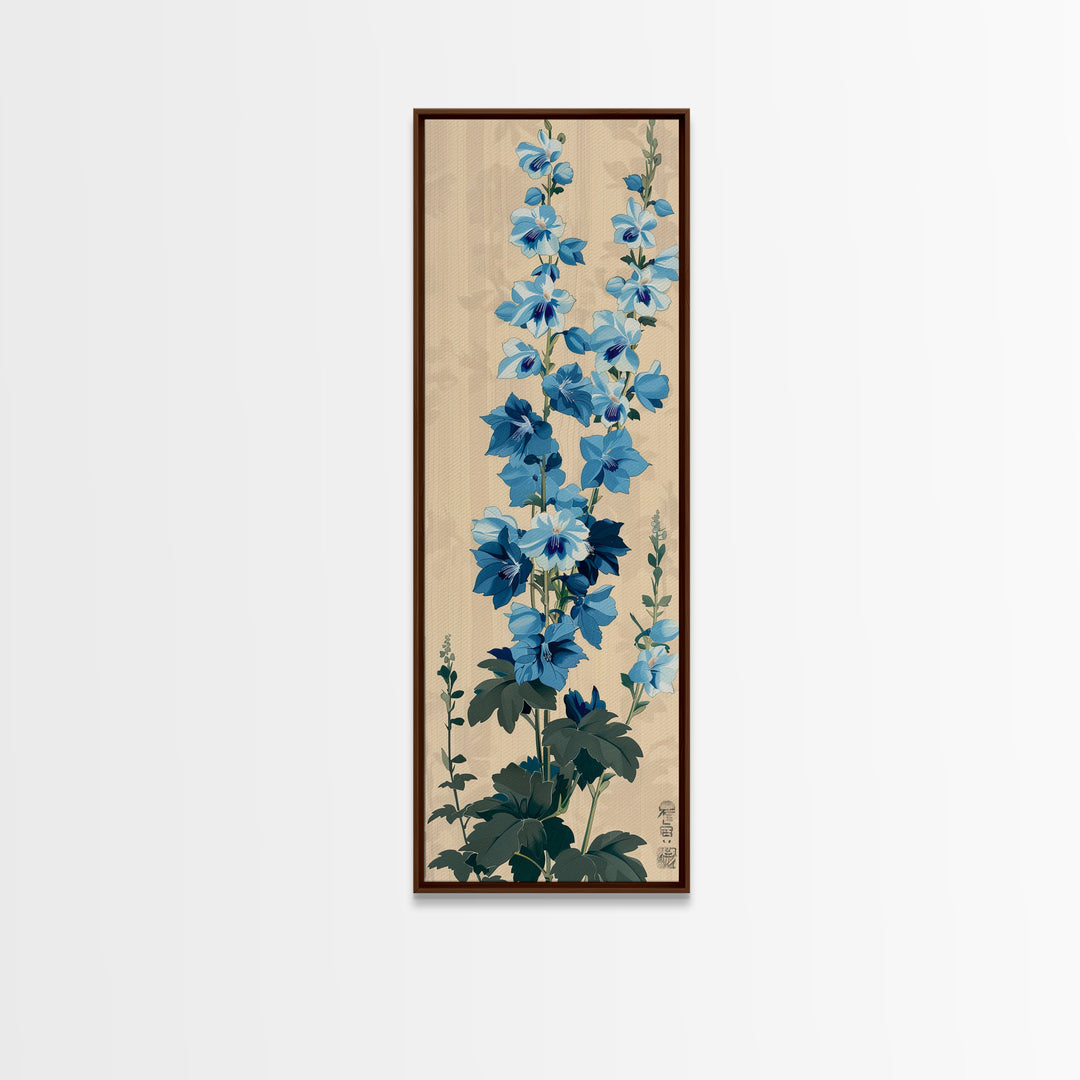 Tall Blue Delphinium Flowers Against Beige Background Ukiyo-e Wood Block Print Framed Canvas Print